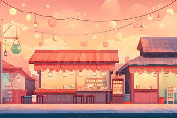 A vibrant evening market with lanterns glowing under a pink sky, showcasing local crafts and treats