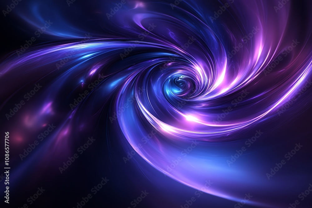 Poster abstract swirling pattern of blue and purple light with a dark background.