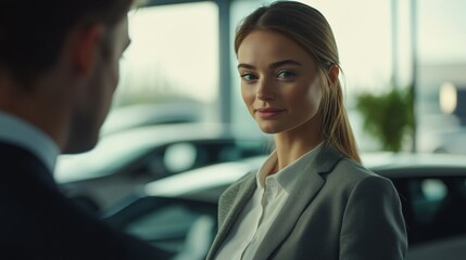 A professional woman engages with a client in a modern car dealership during the afternoon, showcasing exceptional customer service skills