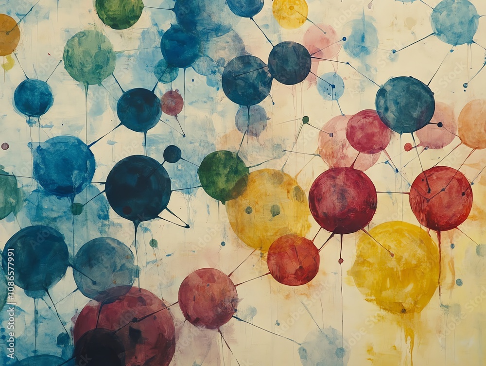 Aufkleber Abstract watercolor painting of colorful circles connected by lines, representing a network or connections.