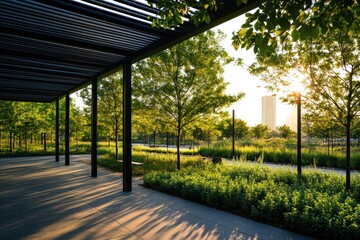 Fototapeta premium Urban park pavilion with stainless steel alloy roofing, combining industrial strength and artistic expression