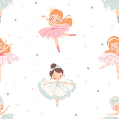 Seamless vector pattern in children's style. Cute ballerina and stars on white background . Vector illustration © Alena