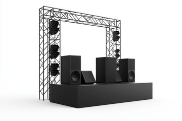 a detailed render of a live performance stage featuring powerful speakers, lighting arrays, and a sturdy truss system, high-quality design, isolated on white background
