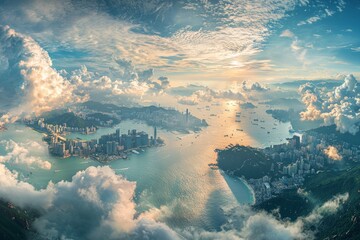 Fototapeta premium White clouds in the sky, blue sea and green mountains on both sides, islands in the ocean surrounded by buildings