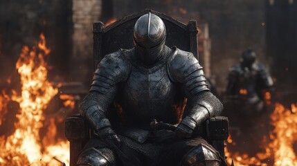 Fototapeta premium A silver-armored knight sitting on a throne surrounded by flames and fortifications