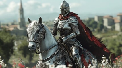 A valiant female knight in silver armor rides on a war horse with a shield and glowing sword.