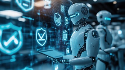 AI robots working on insurance in a digital office surrounded by protection symbols