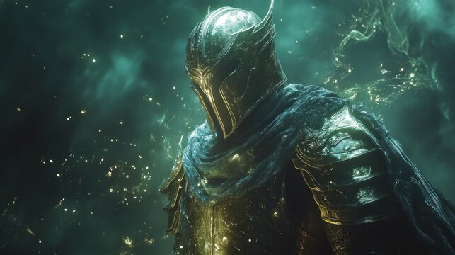 Art of an elven warrior in armor and helmet with a magical shadow around him