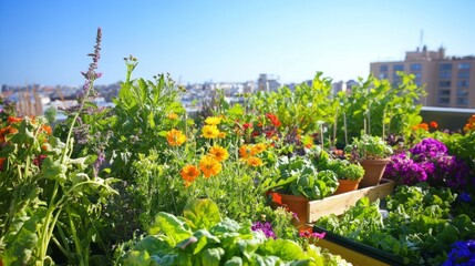 Fototapeta premium A rooftop terrace garden filled with vibrant flowers and vegetables, with a view of the clear blue sky