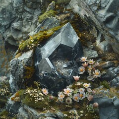 Fototapeta premium A stunning crystal surrounded by vibrant flowers and moss, nestled in rocky terrain, showcasing the beauty of nature's contrasts.