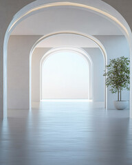 Modern interior design featuring arches natural light and greenery in a spacious room