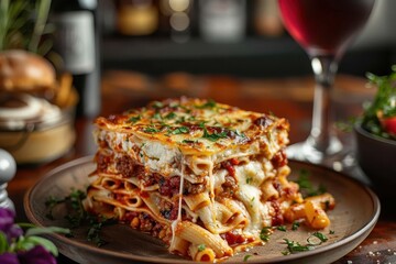 A delicious slice of lasagna layered with rich meat sauce, melted cheese, and garnished with herbs, paired with a glass of red wine.