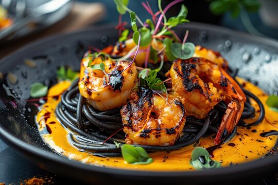 A vibrant dish featuring grilled shrimp atop black spaghetti, garnished with microgreens and a rich sauce, showcasing a fusion of flavors and textures.