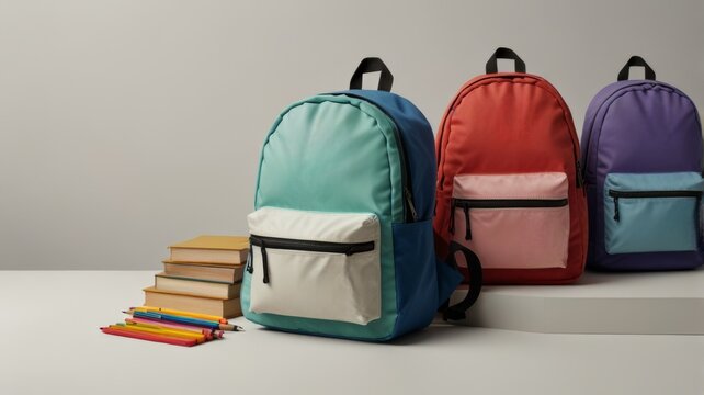 A trio of colorful backpacks in teal, red, and purple, alongside stacked books and colored pencils, creating a vibrant back-to-school atmosphere on a clean surface