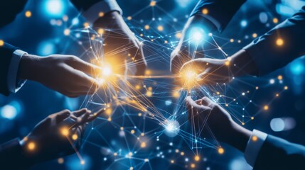 Hands connecting through glowing lines and nodes, symbolizing collaboration, innovation, and technology in a digital network.