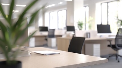Modern office workspace with desks, plants, and computers in a bright, open environment during working hours