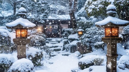 A winter wonderland in a Japanese garden, with soft snowflakes swirling around lanterns and stone features