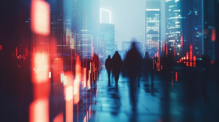 People walking in a futuristic city with glowing buildings during evening time showcasing the modern urban lifestyle