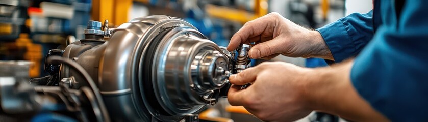 Turbocharger and exhaust manifold alignment, close-up view, mechanic s hands securing bolts, industrial garage, detailed vehicle modification