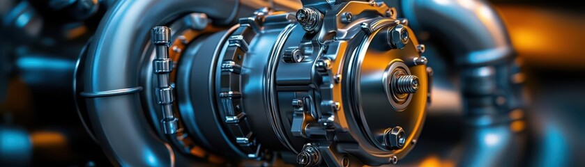 Fototapeta premium Turbocharger with bolts and pipes, mechanic fitting components, car modification scene, precise detailing, photorealistic clarity