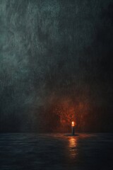 Obraz premium Dark, empty room with a single lit candle casting a dramatic glow, creating a mood of solitude and introspection. 