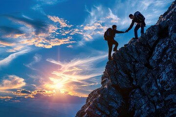 Hikers assist each other climbing a steep mountain at sunset