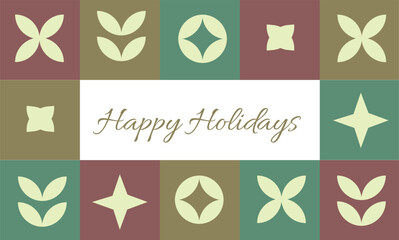 Card Or Poster Happy Holidays In Retro Scandinavian Style Green Red Golden Stars Vector Design