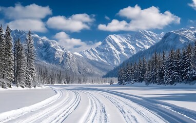 A beautiful winter landscape in the Canadian Rocky Mountains a snow-covered mountain range and blue sky with white clouds A frozen lake surrounded by pine trees A snowy road with tire tracks leading