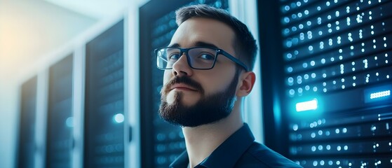 A young man with glasses and a beard stands confidently in a data center surrounded by server racks. Concept Data Center Environment, Confident Young Man, Technology and IT, Server Racks