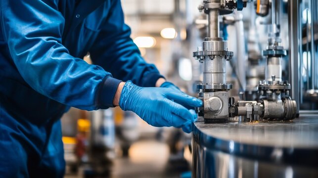 A technician in blue gloves operates equipment in a modern industrial facility, ensuring precision in a technical environment.