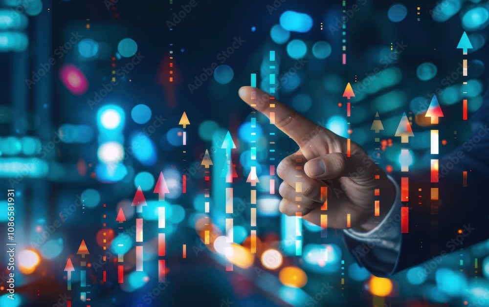 Poster hand interacting with upward trending data arrows