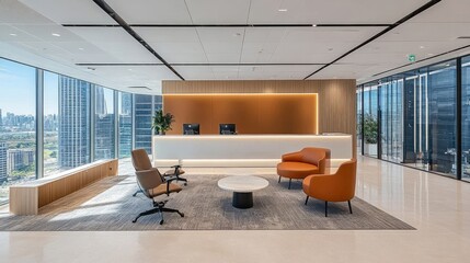 Modern Office Lobby Design with City Views and Reception Desk