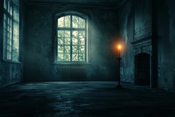 Obraz premium Dark, empty room with a single lit candle casting a dramatic glow, creating a mood of solitude and introspection. 