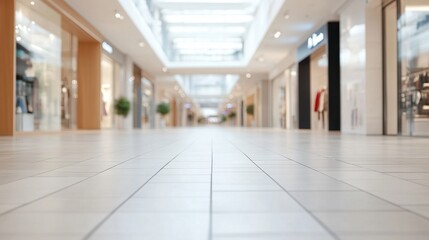 Busy shopping mall corridor with bright lighting and empty floor space during afternoon hours