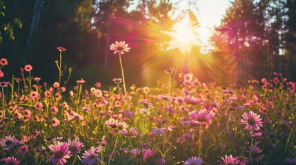 Sunlit Meadow Of Pink Flowers At Sunset