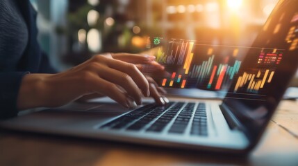 A person typing on a laptop with a display showing financial data and charts, illuminated by warm sunlight.