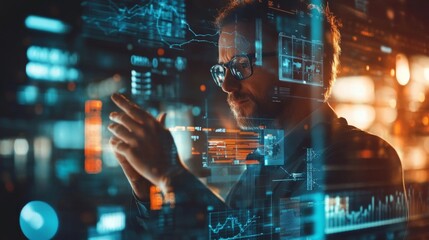 A focused professional analyzes digital data on a transparent screen, showcasing a futuristic, tech-driven environment.