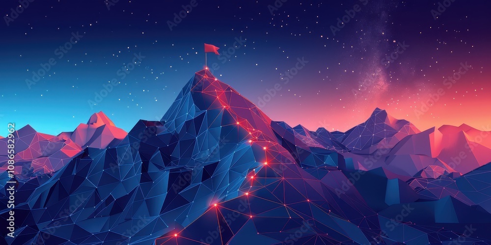 Poster a red flag marks success atop a low poly mountain range