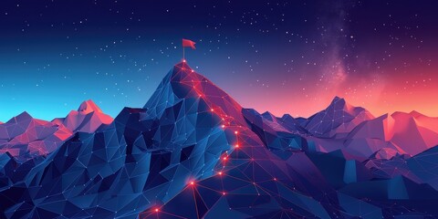 A Red Flag Marks Success Atop A Low Poly Mountain Range