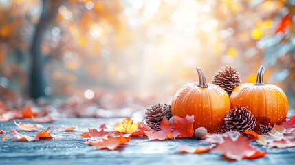 A wooden table with a fall-themed centerpiece featuring a few pumpkins, pinecones and autumn leaves