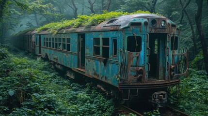 Obraz premium Rusted Train Car Overgrown By Lush Forest Vegetation