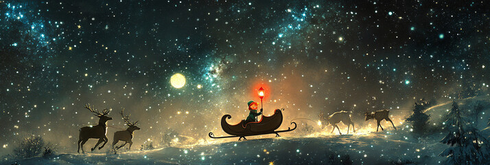 Naklejka premium A Christmas Elf Riding a Sleigh Pulled by Reindeer Through a Starry Night, Holding a Glowing Red Lantern 