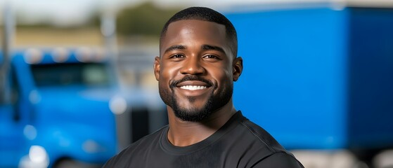 A smiling man in a black shirt stands in front of large blue trucks in an outdoor setting. Concept Outdoor Portrait, Smiling Man, Black Shirt, Blue Trucks, Industrial Background