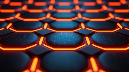 Obraz premium Futuristic Hexagonal Pattern with Glowing Orange Lines on a Dark Surface, Ideal for Technology and Science Fiction Themes in Graphic Design and Digital Art