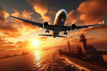 Naklejka premium Airplane Flying Over Ocean at Sunset Near Cargo Ship