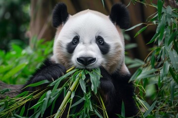 Obraz premium A panda with black ears and eyes looks directly at the camera while chewing on a stalk of bamboo