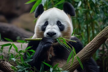 Obraz premium A panda munches on bamboo in a lush green forest, its black and white fur standing out against the green backdrop