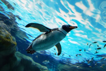 Fototapeta premium A single penguin swims gracefully in an aquarium, its wings outstretched as it navigates the blue water