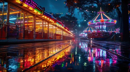 Obraz premium Illuminated Carnival Rides Reflecting In Rainy Night