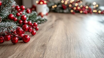 A rustic wooden table with pine branches and red berries. AI.